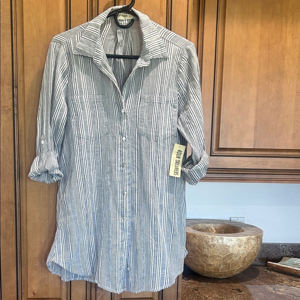 Striped Button-Front Swim Coverup in Blue and White